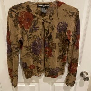 Nina Leonard Floral Knit Cardigan in Earth Tones